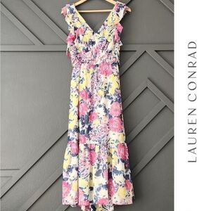 NWOT {Lauren Conrad} Floral V-neck Open tie back Ruffle Midi Dress (Small)